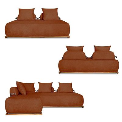 Sofá Modulado 6 Lugares Com Almofadas Soltas Pés Madeira Maciça 440cm Homer Bouclê Terracota