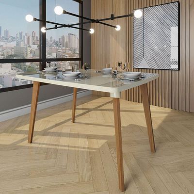 Mesa De Jantar Jade 4 Lugares Pés Oblongo Off White Com Vidro - Rv Móveis