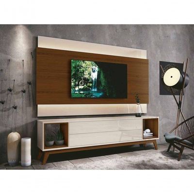 Rack Com Painel Delux 1.8 Com Led Off White Com Natural - Moveisaqui