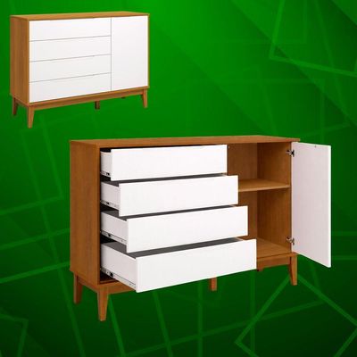 Comoda Sapateira Elfe Classic 1 Porta 4 Gavetas Branco Fosco Com Savana - Moveisaqui