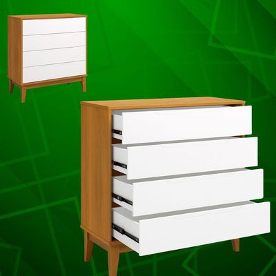 Comoda Gaveteira Elfe Classic 4 Gavetas Branco Fosco Com Savana - Moveisaqui