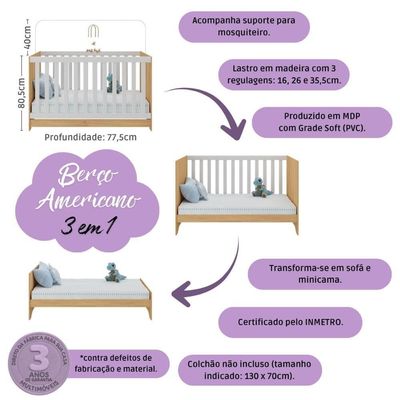 Quarto De Bebê Completo Com Berço Americano 3 Em 1 Encanto Multimóveis Mp4593 Branco/madeirado
