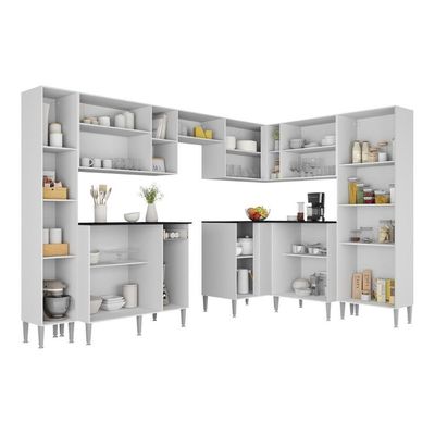 Armário Cozinha Modulada Completa De Canto 464cm Pequim Pop Multimóveis Mp3772 Branco-lacca Fumê