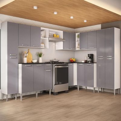 Armário Cozinha Modulada Completa De Canto 464cm Pequim Pop Multimóveis Mp3772 Branco-lacca Fumê