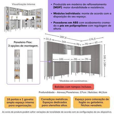Armário Cozinha Modulada Completa De Canto 464cm Pequim Pop Multimóveis Mp3772 Branco-lacca Fumê