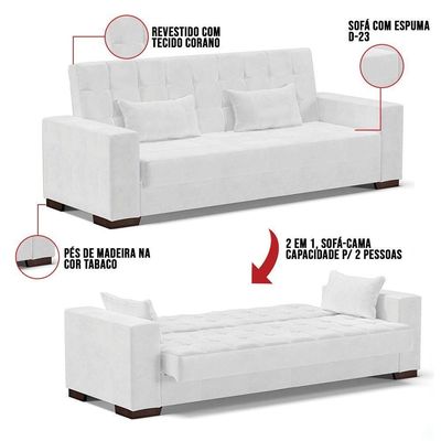 Sofá Cama 02 Lugares Corano Branco Pés De Madeira