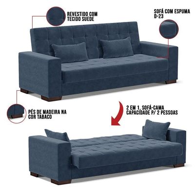 Sofá Cama 2 Lugares Para Sala De Estar Suede Azul Marinho