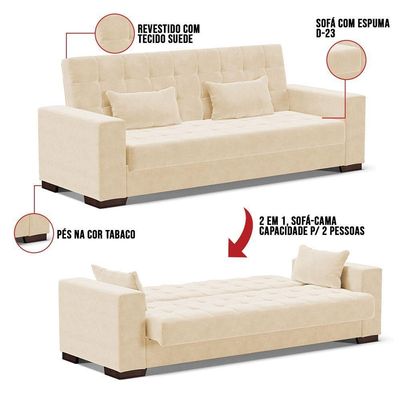 Sofá Cama 02 Lugares Lisboa Suede Pés De Madeira Cor Bege
