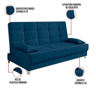 Sofá Cama 193 Cm Veludo Azul Marinho Pés Plástico Cromado