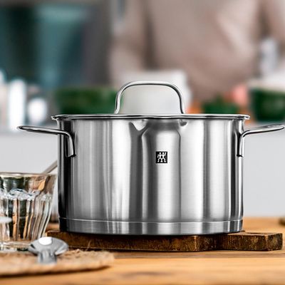 Jogo de Panelas em Aço Inox Zwilling Trueflow 5 Peças: Tampa de Vidro e Sistema de Escoamento