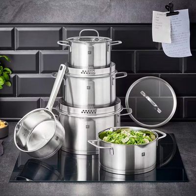 Jogo de Panelas em Aço Inox Zwilling Trueflow 5 Peças: Tampa de Vidro e Sistema de Escoamento