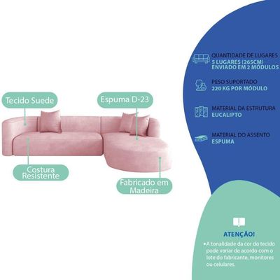 Sofá Modular Celinne Luxuoso Sala De Estar Decoração Luxo 265cm Suede Rosa Bebê