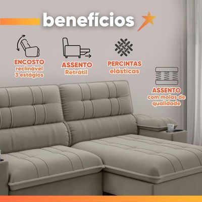 Sofá Retrátil E Reclinável 3 Lugares 2,10m Com Porta Copos Slim Stanley Castor