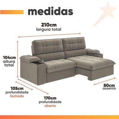 Sofá Retrátil E Reclinável 3 Lugares 2,10m Com Porta Copos Slim Stanley Castor
