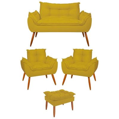 Kit 02 Poltronas + Sofá 2 Lugares Com Puff Opala Balaqui Amarelo