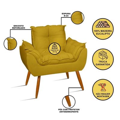 Kit 02 Poltronas + Sofá 2 Lugares Com Puff Opala Balaqui Amarelo