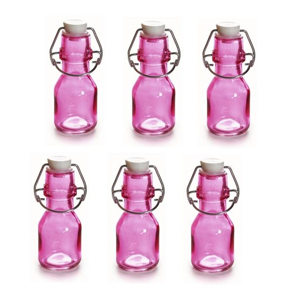 Garrafa de Vidro Rosa Translúcida 65ml com Fecho Hermético com 6 unidades para Lembrancinhas