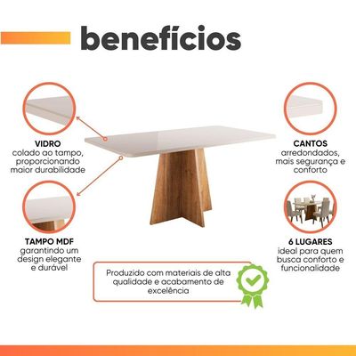 Mesa Sala De Jantar 1,60m Com Vidro Anjos Viero Madeirado/off White