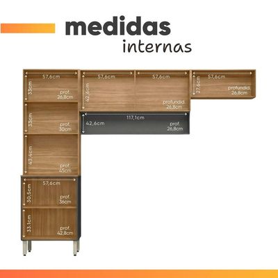 Armário De Cozinha Compacta 6 Portas 2 Nichos Alba Madeirado/grafite