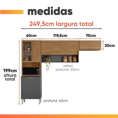 Armário De Cozinha Compacta 6 Portas 2 Nichos Alba Madeirado/grafite