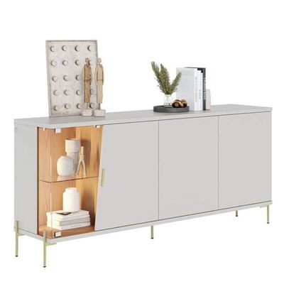 Rack Bancada Amalfi Com Pés Em Metal E Aparador Buffet Sena Com Led Off White Matte Freijó - Colibri