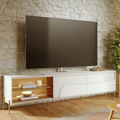 Rack Bancada Amalfi Com Pés Em Metal E Aparador Buffet Sena Com Led Off White Matte Freijó - Colibri