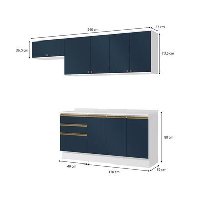 Armário De Cozinha Completa 100% Mdf 260cm Branco/azul Profundo Celeste Kappesberg