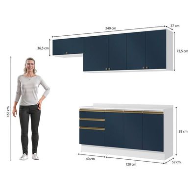 Armário De Cozinha Completa 100% Mdf 260cm Branco/azul Profundo Celeste Kappesberg