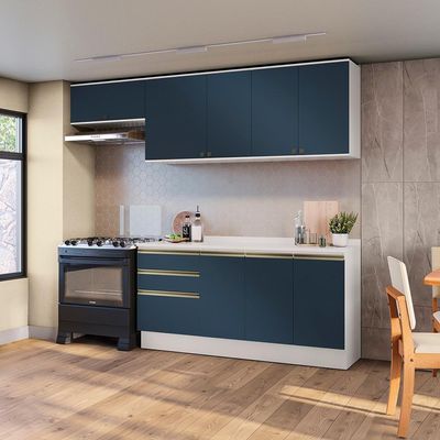 Armário De Cozinha Completa 100% Mdf 260cm Branco/azul Profundo Celeste Kappesberg
