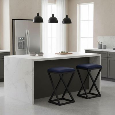 Kit 2 Banqueta Base Z 80 Cm Alta Banco Bancada Cozinha Moderno Corino Azul Marinho