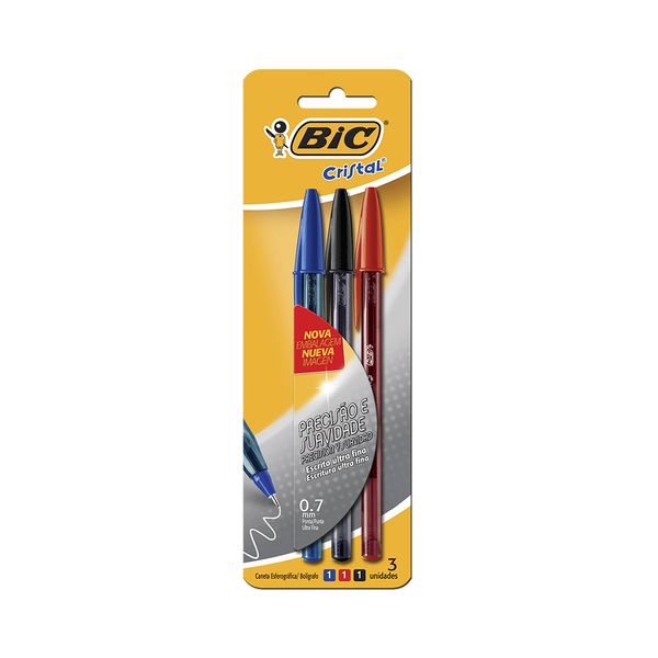 Caneta Esferográfica Bic Cristal Extra Fina 0.7mm Azul, Preta e Vermelha com 3 Unidades