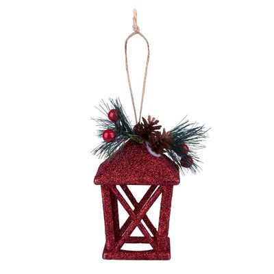 Enfeite Natal Lamparina Pendurar com Pinha Vermelho 12cm D&A