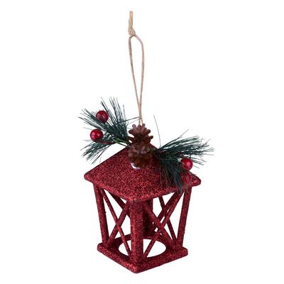 Enfeite Natal Lamparina Pendurar com Pinha Vermelho 12cm D&A