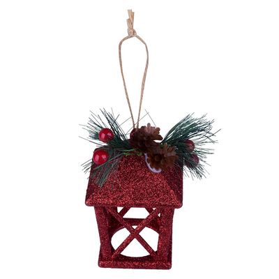 Enfeite Natal Lamparina Pendurar com Pinha Vermelho 12cm D&A