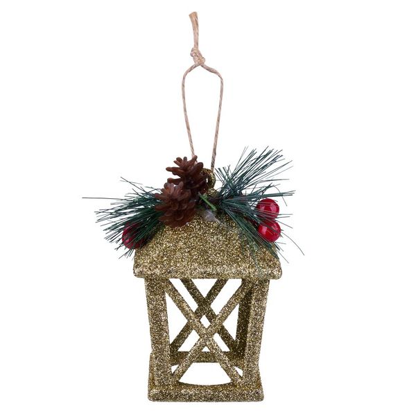 Enfeite Natal Lamparina Pendurar com Pinha Dourado 12cm D&A