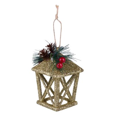 Enfeite Natal Lamparina Pendurar com Pinha Dourado 12cm D&A