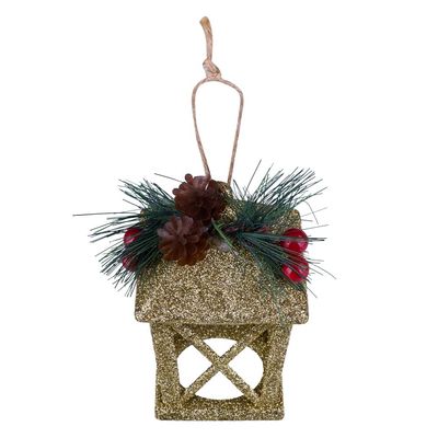 Enfeite Natal Lamparina Pendurar com Pinha Dourado 12cm D&A