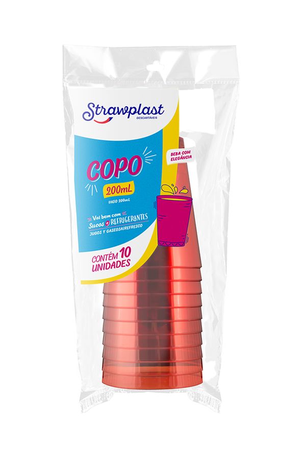 Copo Descartável Strawplast 200ml com 10 Unidades Vermelho