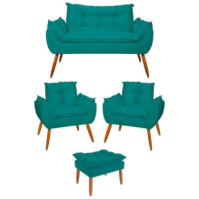 Kit 02 Poltronas + Sofá 2 Lugares Com Puff Opala Balaqui Azul Turquesa