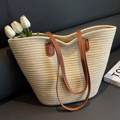 Bolsa De Palha Grande Com Forro Para Praia, Piscina, Férias E Uso Diário - Bege