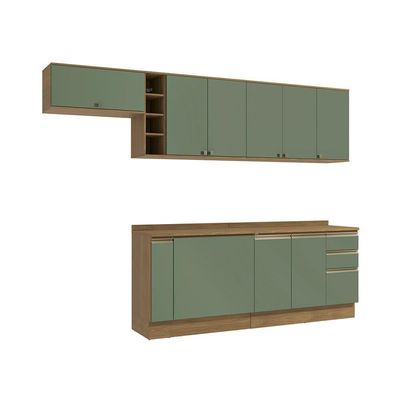 Armário De Cozinha Completa 3 Gavetas 100% Mdf 300cm Nogueira/verde Celeste Kappesberg