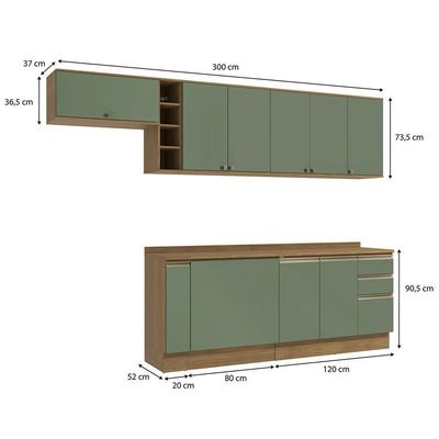 Armário De Cozinha Completa 3 Gavetas 100% Mdf 300cm Nogueira/verde Celeste Kappesberg