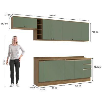 Armário De Cozinha Completa 3 Gavetas 100% Mdf 300cm Nogueira/verde Celeste Kappesberg
