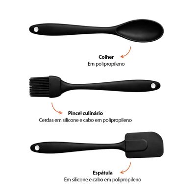 Colher Espatula e Pincel Silicone Preto Confeitaria 3un