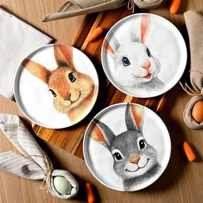 Jogo Pratos Sobremesa Sorrisos Coelho Páscoa 21,5cm Kit 9pçs