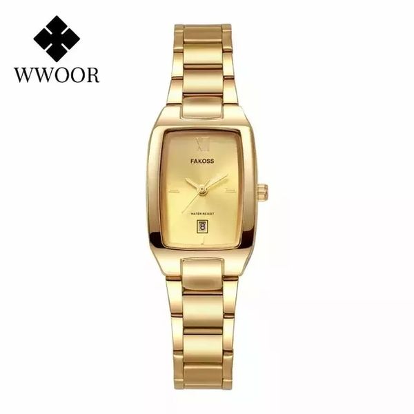 Relógio Feminino Wwoor Elegante Moda Aço Inoxidável À Prova D'Água Dourado