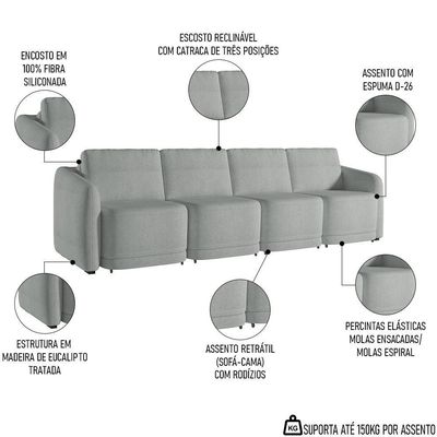 Sofá Cama Casal Para Sala 436cm Polska K04 Bouclê Cinza Claro - Mpozenato