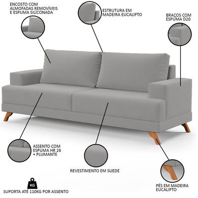 Sofá 2 Lugares 160cm Living Pés Curvos Santi D05 Suede Cinza - Mpozenato