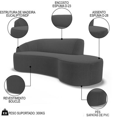 Sofá Living 3 Lugares 260cm Braço Esquerdo Mozart D06 Bouclê Chumbo - Mpozenato