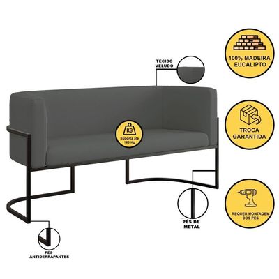 Sofá 2 Lugares Veludo Com Base De Metal Preta Cinza